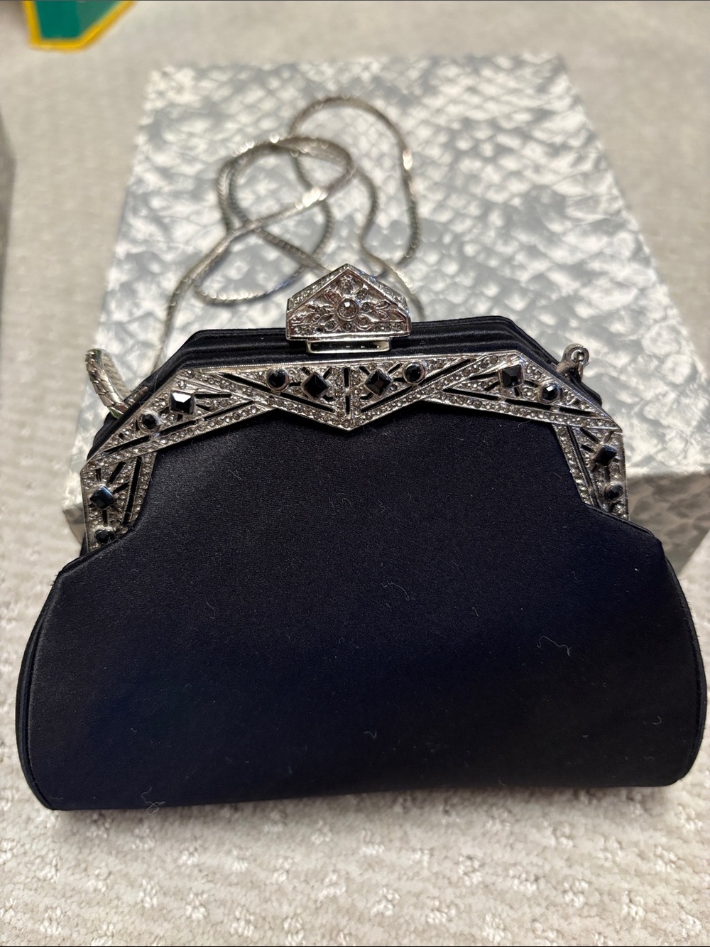 Judith Leiber Vintage Black Satin Evening Clutch with Jeweled Frame